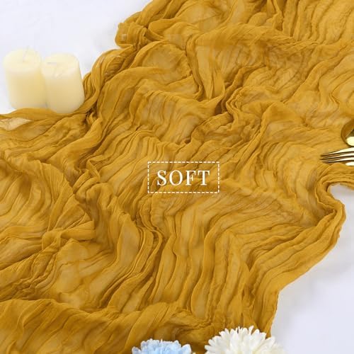 12 Pcs Mustard 35 x 120 Inches Long Cheesecloth Table Runner 10FT Runner for Tables Gauze Fabric Boho Table Runner Decoration Rustic Semi Sheer Runner for Wedding Baby Shower Birthday Party (Mustard) - Image 4