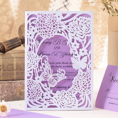 50pcs Wedding Invitations Laser Cut Butterfly Blank Purple Invitation Cards by AdasBridal