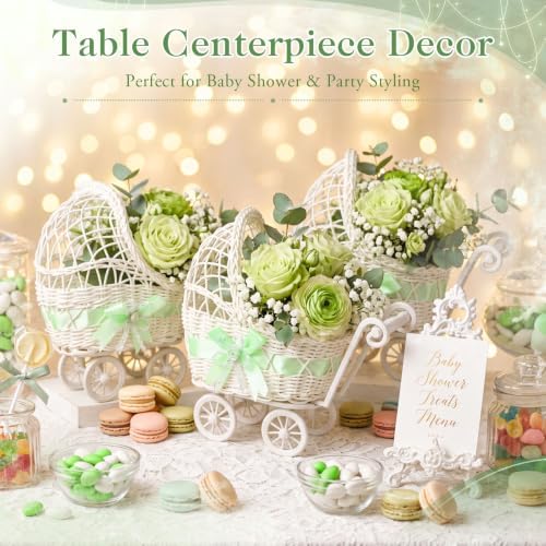 4 Pack Rattan Baby Carriage Baby Shower Table Centerpiece,Green - Image 4