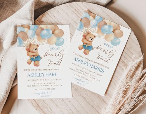 All Ewired Up We Can Bearly Wait Baby Shower Invitation, Blue Teddy Bear Baby Shower Invite, Library, Diaper Raffle, Balloons, Personalized Large 5X7 - Image 6