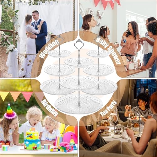 Patelai 8 Packs 3 Tier Acrylic Cake Stand with Round Holder 3 Tier Serving Tray Acrylic Crystal Cupcake Stand Holder for Home Wedding Birthday Baby Shower Tea Party Favors(Clear, Silver Crown) - Image 6