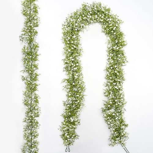 2 Pcs 5.8ft Artificial Baby Breath Flower Vines, Babys Breath Artificial Flowers Real Touch Faux Gypsophila Hanging Fake Baby's Breath Garlands for Wedding and Baby Shower Decor（White） by UqueetenLtd