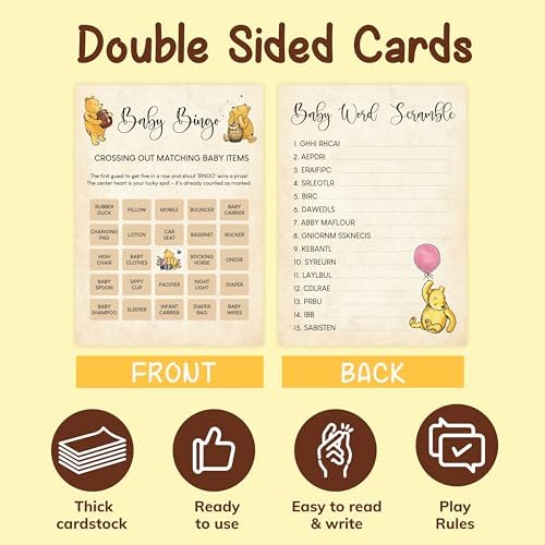 WOODAMORE Winnie Baby Shower Games Boy - Pooh Baby Shower Bingo Cards for 25 Guests, Word Scramble Favors, Guess Who Mommy Or Daddy Game Ideas for Party Decorations (Pack of 2) - Image 3