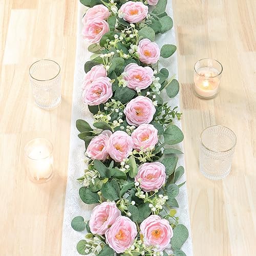 TOCHGREEN 2 Pack 13Ft Artificial Eucalyptus Flower Garland with Pink Roses by TOCHGREEN