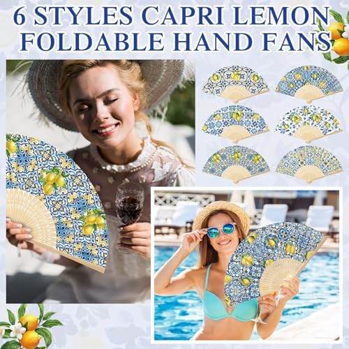 RattanView 30 Pcs Capri Lemon Folding Hand Fan Bulk with Bag Amalfi Coast Party Favor Yellow Blue Tiles Mediterranean Foldable Handheld Paper Fan for Summer Wedding Birthday Party Supplies Decor - Image 4