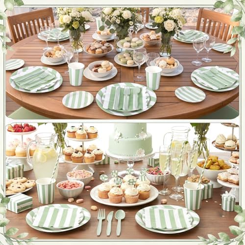 Mimorou 175 Pcs Sage Green and White Striped Party Tableware for 25 - Image 6