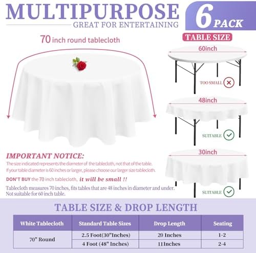 Showgeous 70 Inch White Round Tablecloths, Polyester Table Covers - Image 2