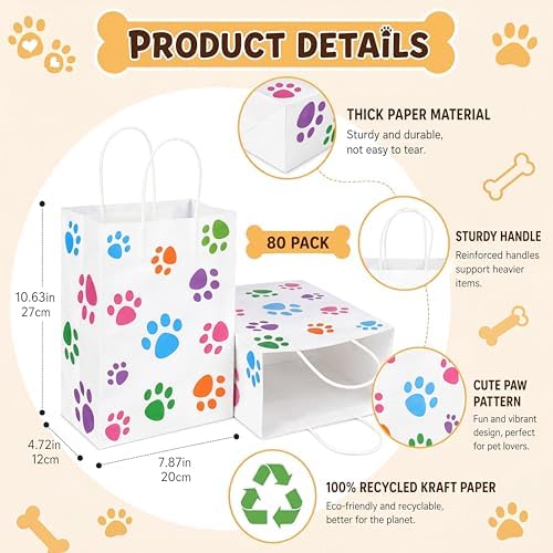 Tenceur 80 Pcs Dog Gift Bags Goodie Paw Puppy Paper Treat Bags Bulk with Handles 10.63 x 4.72 x 7.87 Inch Dog Themed Party Favors Shopping Holiday Kraft(White Colorful) - Image 2