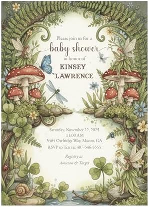 Enchanted Forest Baby Shower Invitation, Woodland Theme with Mushrooms and Fairies, Custom Printed Invitations by Handmade