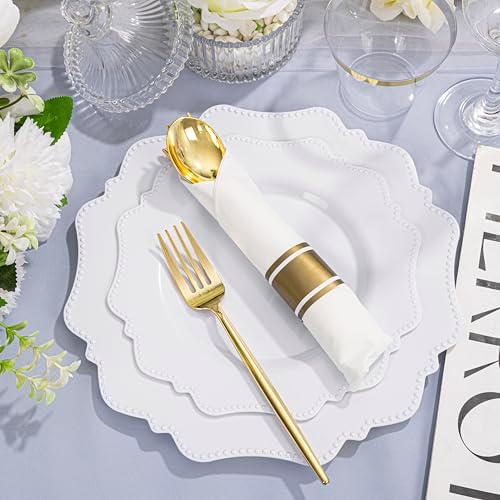 COLOSUS 350PCS Fancy White Plastic Plates With Gold Plastic Cutlery Set. - Image 6