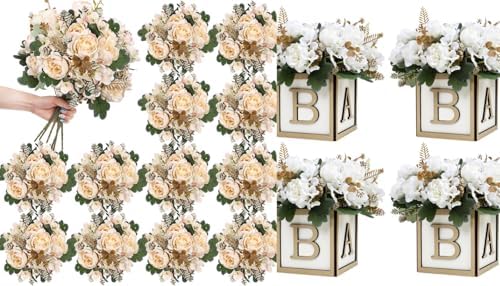 12 Bundles Peonies Artificial Flowers & Pack of 4 Baby Shower Centerpieces for Tables by SEKNHOP