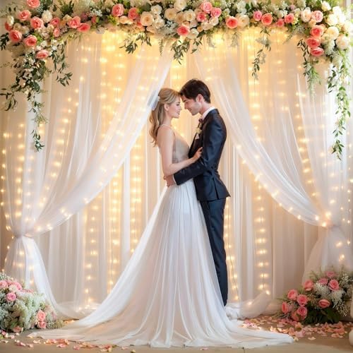 20x10ft White Tulle Backdrop Curtains with Lights String for Parties,Wrinkle Free Sheer Curtain with Lights Wedding Photo Backdop Drapes for Baby Shower Birthday Party Photography Home Decorations - Image 3