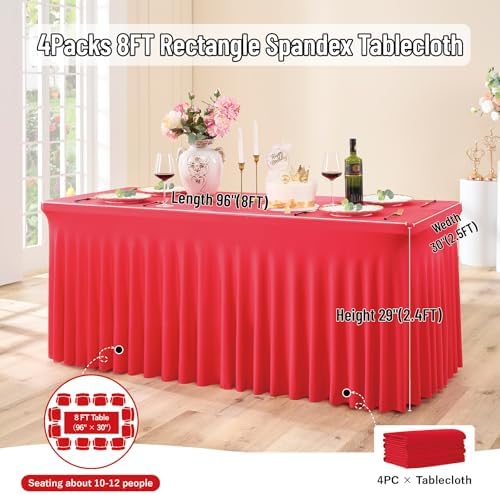 Spandex Tablecloth 8FT Rectangle Table Cover 4 Pack Red Wrinkle-Free - Image 5