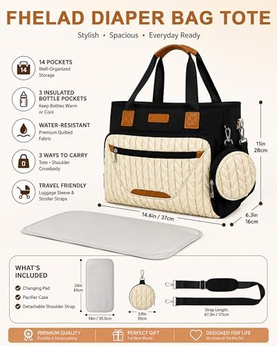 FHELAD Diaper Bag Tote for Women, Baby Diaper Bag Set (Black-White) - Image 4