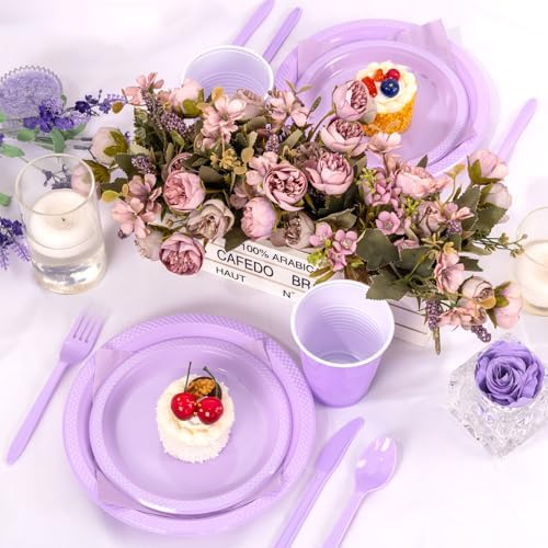 WELLIFE 210Pcs Purple Plastic Plates,Party Plates and Cups and Napkins Sets - Image 6