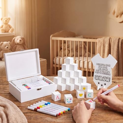 62 Pcs Baby Shower Blocks to Decorate Game Kit, 48 Blank White Wooden Blocks, 12 Markers, 1 Bodysuit-shaped Instruction Sign, 1 Box, Baby Shower Gender Reveal Activities for Guests - Image 6