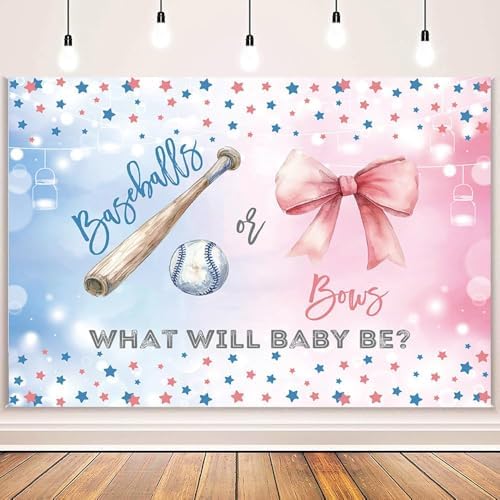 MEHOFOND 10x7ft Baseballs or Bows Gender Reveal Backdrop Boy or Girl What Will Baby Be Decorations Banner Pink and Blue Stars Gender Reveal Baby Shower Photography Background Cake Table Supplies - Image 2