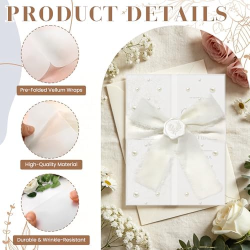 Wedding Invitation Kit, 100 Sets Pre-Folded Vellum Jackets for 5x7 Invites Ribbon Wax Seal Stickers Decorative Pearl Stickers for DIY Wedding Invitations Accessories - Image 7