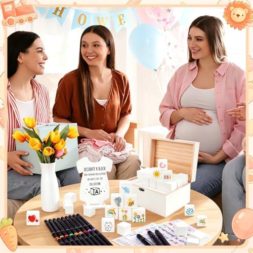 79 PCS Baby Shower Game Kit, Fun Baby Shower Blocks Decorating Game Includes 52 Wooden Blocks, 24 Markers, 1 Game Sign, 1 Storage Box and 1 Pattern Guide, Suitable for Boys and Girls, White - Image 6