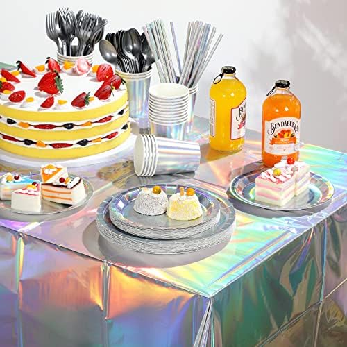 Iridescent Party Supplies Decorations, Holographic Paper Plates and Napkins Set, Disposable Iridescent Paper Plates Cups Knives Spoons Fork Straw for Mermaid Birthday Wedding Party, Serve 50 - Image 7