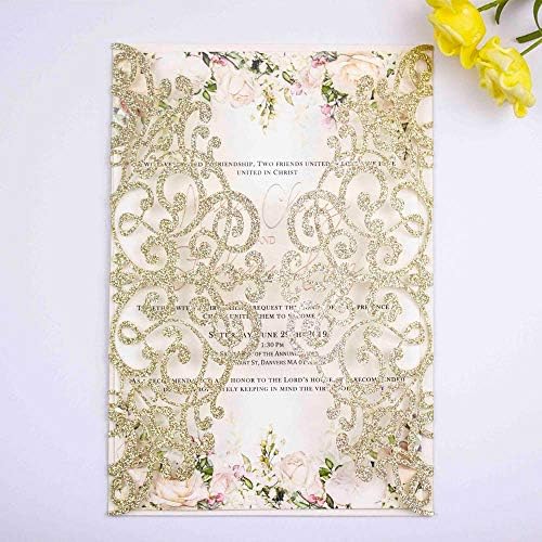 50pcs 5x7 Wedding Invitations Cards Laser Cut Pocket only, No Envelope,No Insert for Wedding Bridal Shower Engagement Birthday Invite (Champagne Gold Glitter) - Image 7