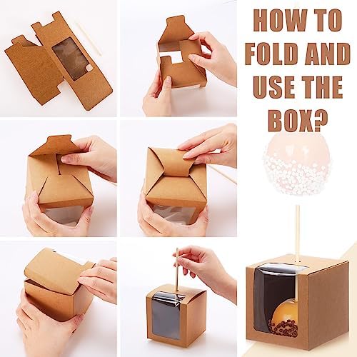 Yahenda 60 Pcs Kraft Candy Apple Boxes 4" x 4" x 4" With Hole and Stick - Clear Window Gift Boxes for Cake, Cookies, Chocolate, Caramel Apples - Wedding, Baby Shower Party (Brown) - Image 3