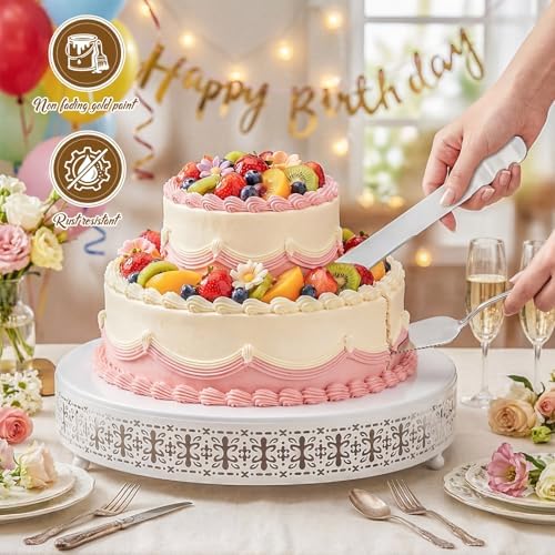 Wenqik White Metal Cake Stand 14 Inch with Cutting & Spatula - Image 4