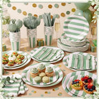 Mimorou 350 Pcs Sage Green and White Striped Party Tableware for 50 - Image 2