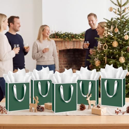 Yeaqee 50 Pack Metallic Paper Gift Bag Bulk with Handle, Green, White - Image 6