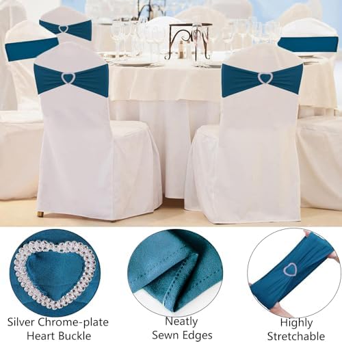 Teal Chair Sashes 50 Pack Spandex Dark Teal Sashes for Chairs Covers Universal Stretch Chair Sashes Band with Heart Buckle Slider for Wedding Banquet Party Decorations - Image 4