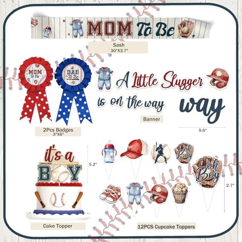 Hombae Baseball Baby Shower Decorations, A Little Slugger Party Supplies with Welcome Baby Banner Banners, Cake Cupcake Toppers, Tablecloth, Backdrop, Poster, Badges, Sash - Image 2