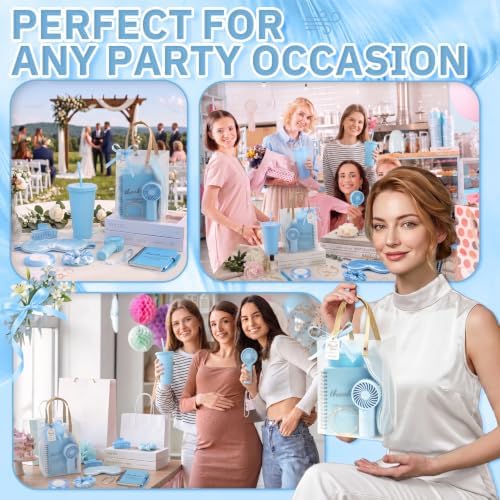 62Pcs Baby Shower Prizes for Guest Winners Handheld Fan Party Favor Set Thank You Gift with Plastic Tumbler,Notebooks,Hair Claw Gift Bags for Party Game Wedding Bridal Shower Favors (Blue, 6 Sets) - Image 7