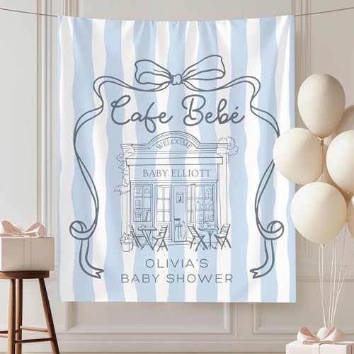 Cafe Bebe Baby Shower Banner Parisian French Cafe Theme Backdrop Blue Striped Welcome Sign for Baby Boy Shower Coquette Coffee Shop Baby Sprinkle Party Decorations Tapestry Gender Reveal Supplies by Unknown