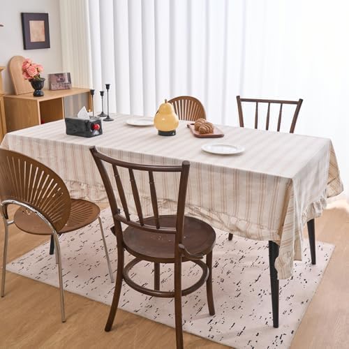 vctops Farmhouse Khaki Stripe Ruffle Table Cloth, Boho Cotton Linen Tablecloth, Washable Table Cover for Rectangle Table Baby Shower Kitchen Party Wedding Decor (Khaki A,55"x86") - Image 3