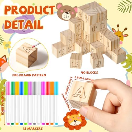 Watersay 53 Pcs Baby Shower Games Wooden ABC Letter Blocks DIY Kit, Animal - Image 3