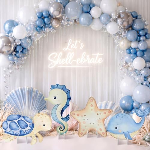 4 Pack Under the Sea Baby Shower Decorations Sea You Soon Baby Shower Decorations 23 Inch Ocean Animal Cardboard Cutout Blue Turtle Seahorse Starfish Shell Stand-ups Photo Booth Props - Image 3