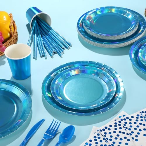 Iridescent Blue Party Supplies Decorations Serve 50, Holographic Blue Paper Plates and Napkins, Disposable Iridescent Party Plates Cups Napkins for Wedding Anniversary Birthday Bridal Shower Party - Image 4