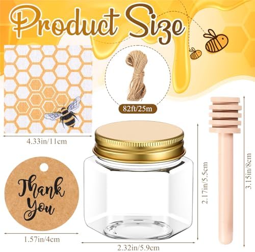 Funnymoom 30 Set 2.5oz Plastic Mini Honey Jars with Wooden Dipper and Muslin Cloth Covers Honey Jars with Gold Lids Hang Tags Decorative Jute Rope for Wedding Birthday Party (Bee) - Image 2