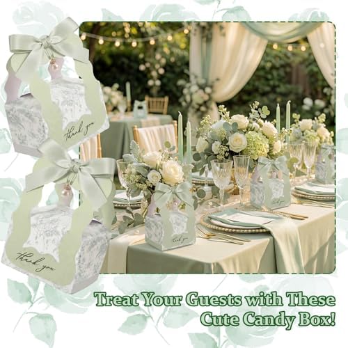 ForraFun 100 Sets Floral Wedding Favor Boxes with Pearl Pendant Bow, Green - Image 2