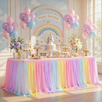 Wish Care 4 Pack Rainbow Tulle Tablecloth for 8 Foot Rectangle Tables Double Layer Tulle Tutu Skirt Unicorn Ruffle Pastel Table Cloth Stretch Fitted Table Covers for Girls Birthday Baby Shower Party - Image 2