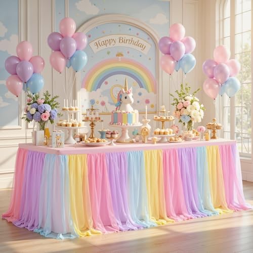 Wish Care Rainbow Tulle Tablecloth for 8 Foot Rectangle Tables Double Layer Tulle Tutu Desk Skirt Unicorn Ruffle Pastel Table Cloth Stretch Fitted Table Covers for Girls Birthday Baby Shower Party by WishCare