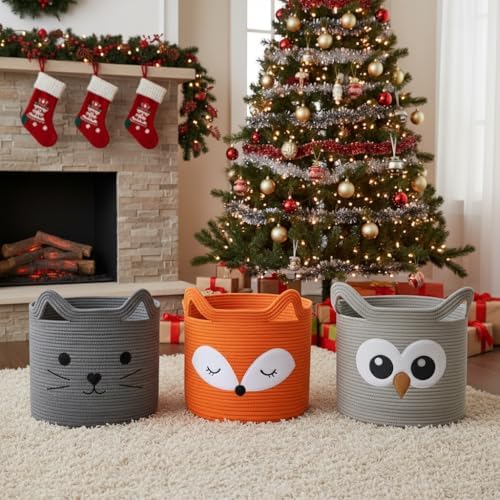 VK VK·LIVING Owl Storage Basket for Gift Foldable Cute Nursery Animal Toy Basket with Handles, Large Cotton Rope Baby Laundry Storage Organizer for Blanket Towels in Living Room Bedroom 15"Lx14"H - Image 2