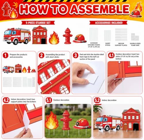 Firetruck Birthday Stand Up Decoration for Indoor Outdoor, 5PCS - Image 3