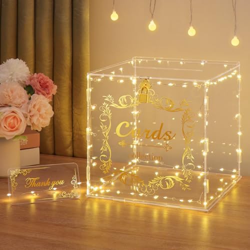 Acrylic Wedding Card Box with Lock String Light Clear Large Card Box for Wedding Letter Box Envelope Box Acrylic Gift Card Box Money Box for Party Birthday Reception by DIWNELEM
