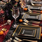 Liacere 100PCS Black and Gold Square Plastic Plates-50PCS Dinner Plate and 50PCS Dessert Plate-Durable Fancy Disposable Plates for Party & Halloween - Image 2