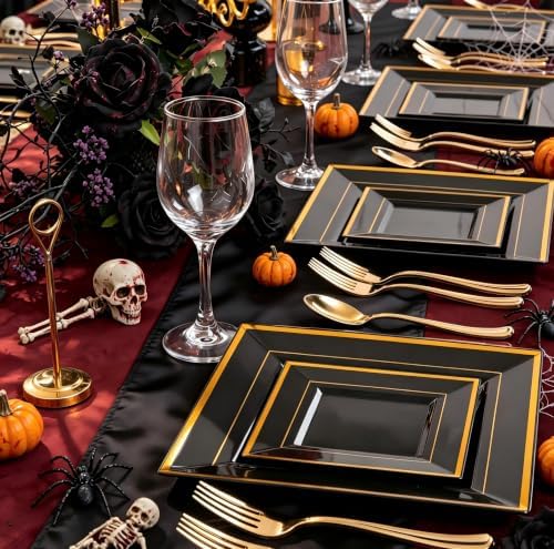 Liacere 100PCS Black and Gold Square Plastic Plates-50PCS Dinner Plate and 50PCS Dessert Plate-Durable Fancy Disposable Plates for Party & Halloween - Image 2