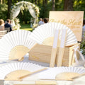 Aodaer White Paper Fan Set 120 Pack Folding Hand Fans with Organza Gift Bags Wooden Storage Box Display Sign and White Ribbon Handheld Fan for Wedding Favors Bridal Shower Party Supplies by Aodaer