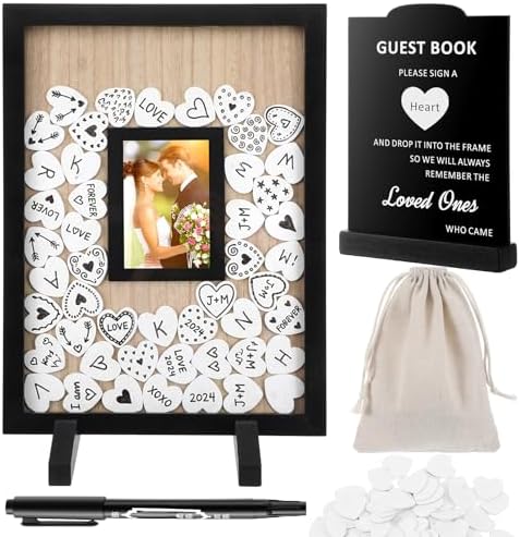 Wedding Guest Book Alternatives, Rustic Wedding Guest Book Sign Reception Drop Box with 100 Wooden Picture Frame Hearts for Wedding Anniversary Birthday Party (Black) by Unknown