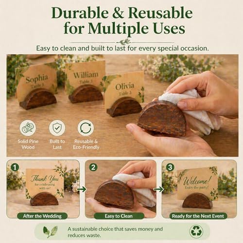 100PCS Wood Place Card Holders with Cards & Self-Adhesive, Pine Wooden Semicircular Design Table Number Name Card Stands for Wedding Baby Shower Birthday Party Menu Cafe (100, Brown) - Image 7