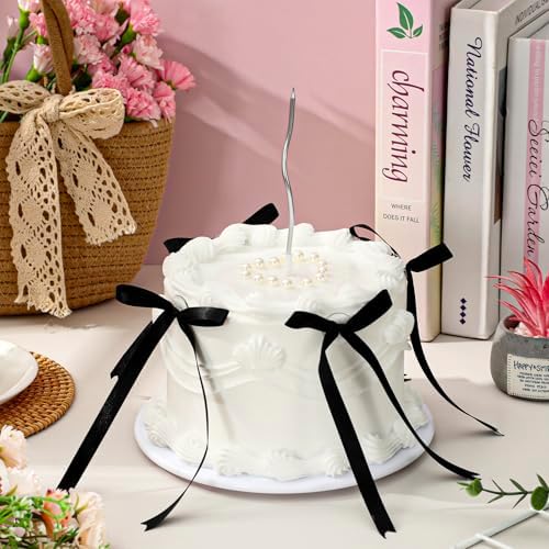 JarThenaAMCS 6 Inch White Fake Cake with Black Bows Round Artificial Fake Birthday Cake Coquette Dessert Decor for Wedding Party Display Photo Props Supplies - Image 3